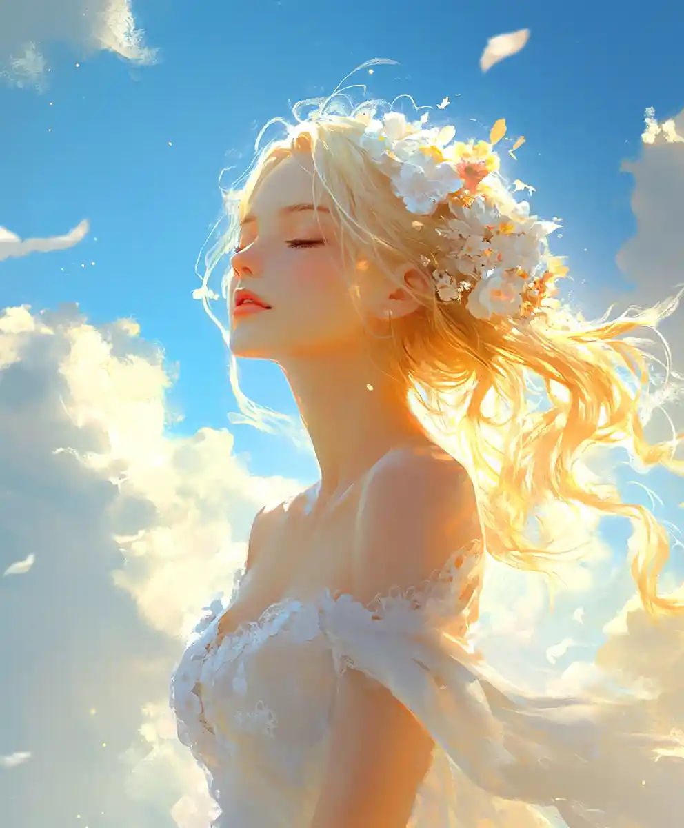 Serene blonde woman in white dress among dreamy clouds