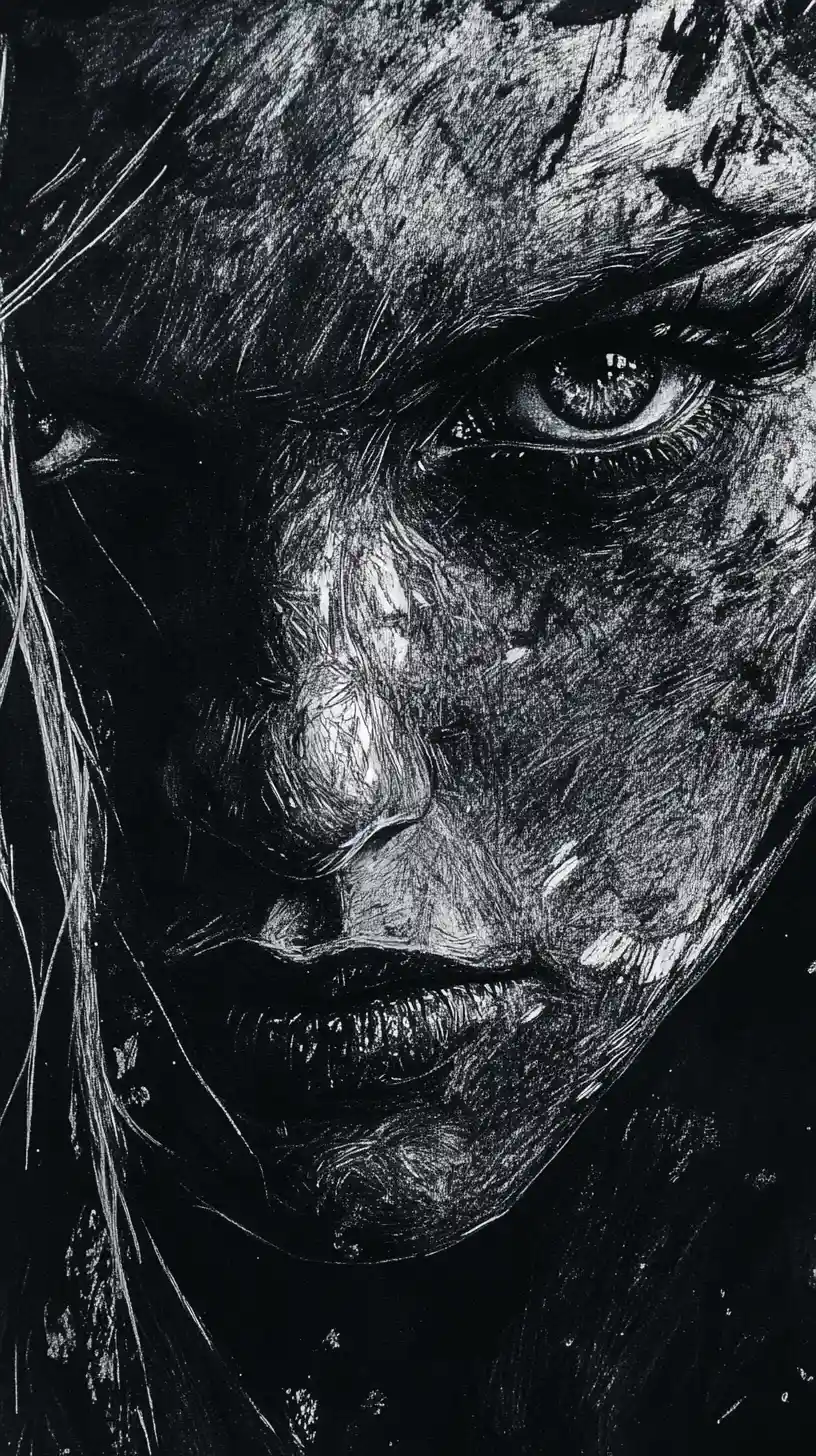 Extreme close up ink portrait of female viking warrior