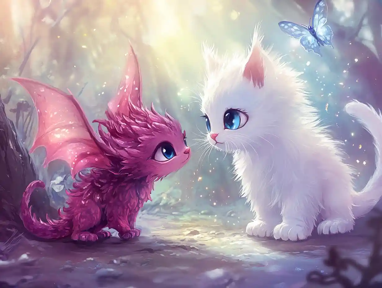 Cute white kitten meets kawaii dragon in magical forest