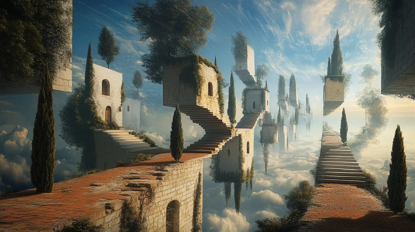 Surreal illusion artwork with multiple shifting visual scenes