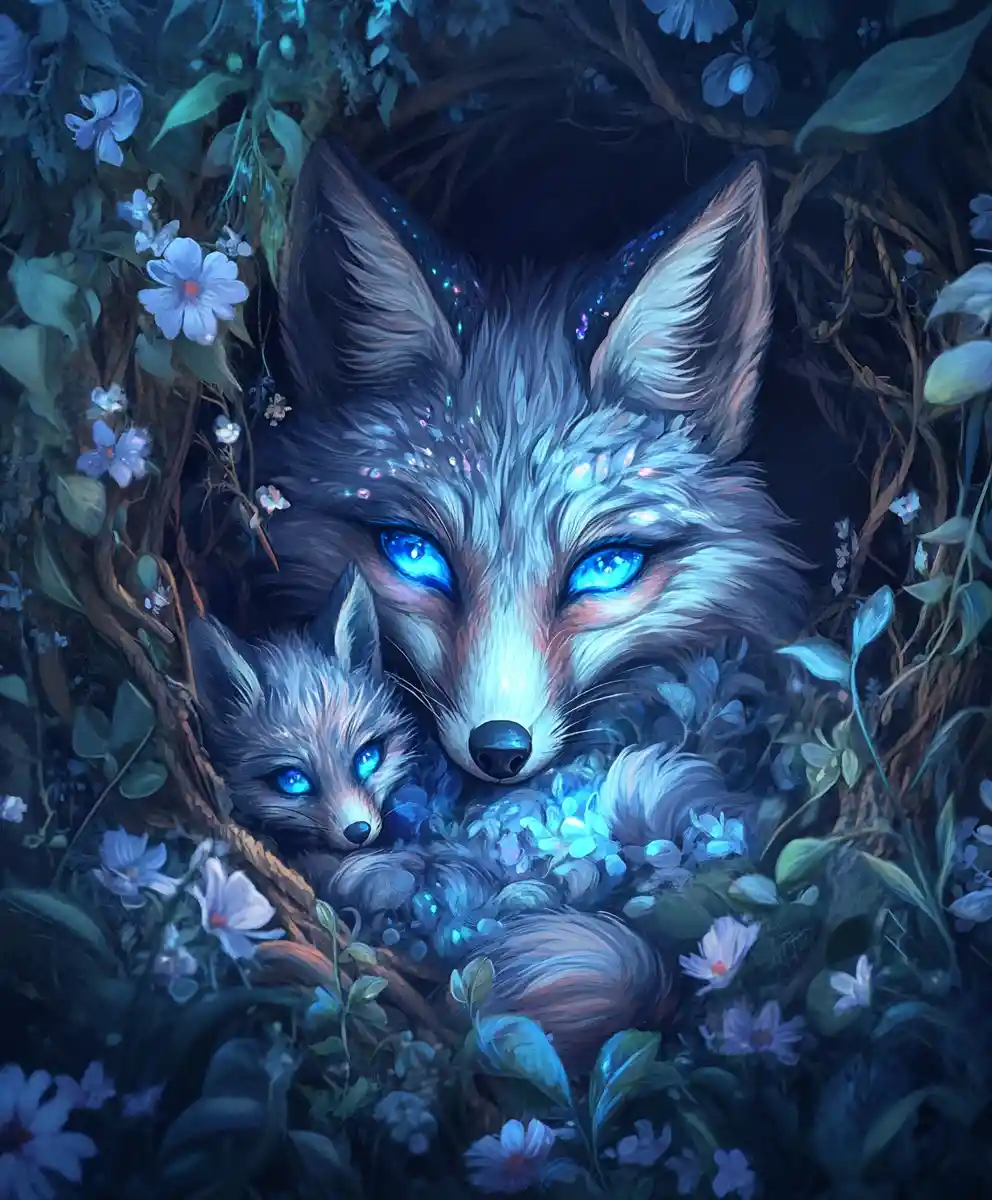 Magical mother fox cuddling her babies in a cozy den