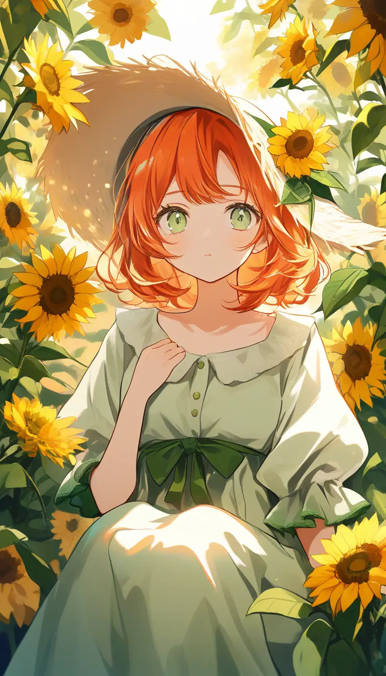 Girl in green dress smelling sunflowers at sunset