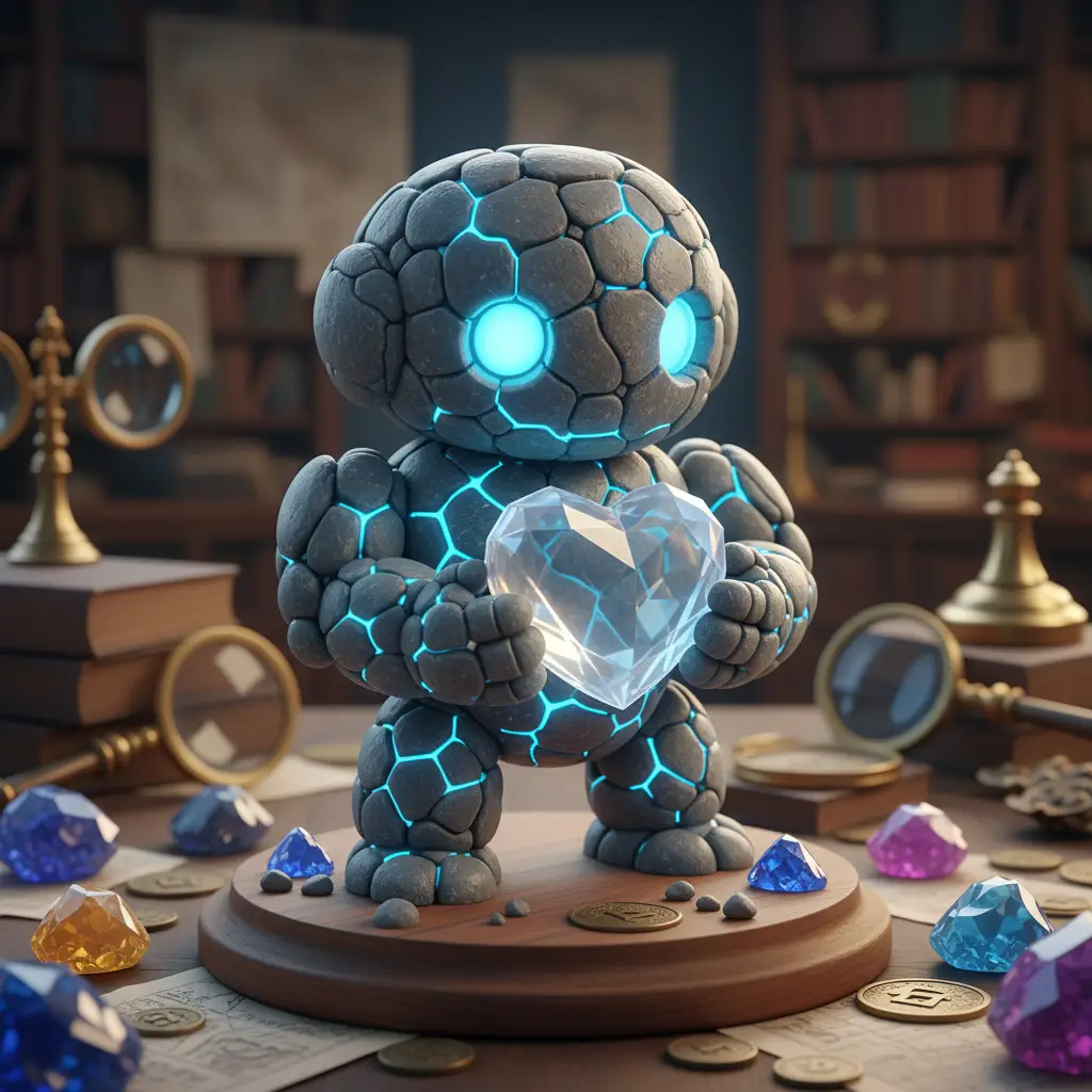 Dolce golem di pietra che tiene in mano un cuore di cristallo luminoso