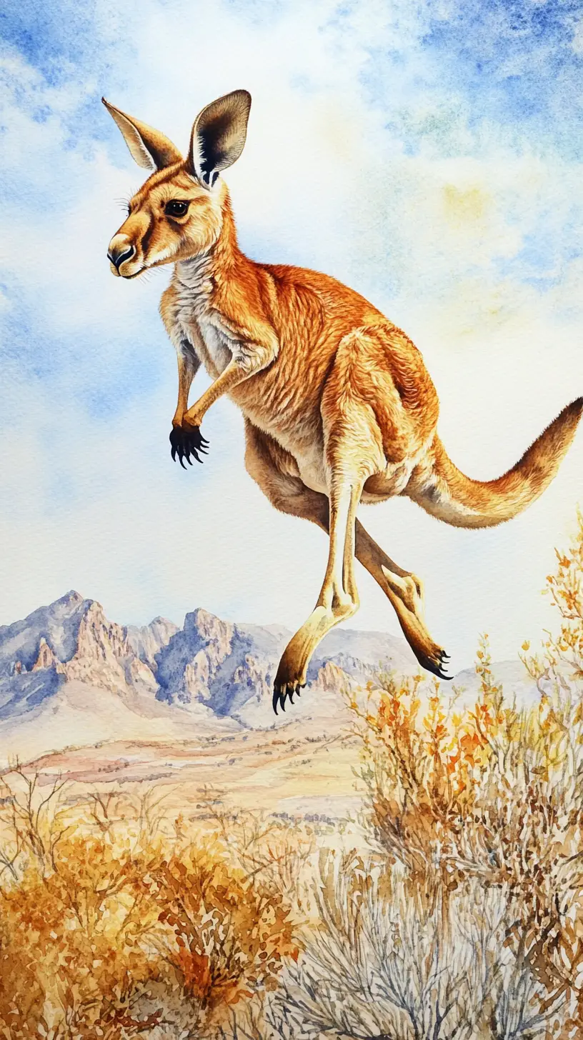 Kangourou bondissant à travers le désert australien en aquarelle