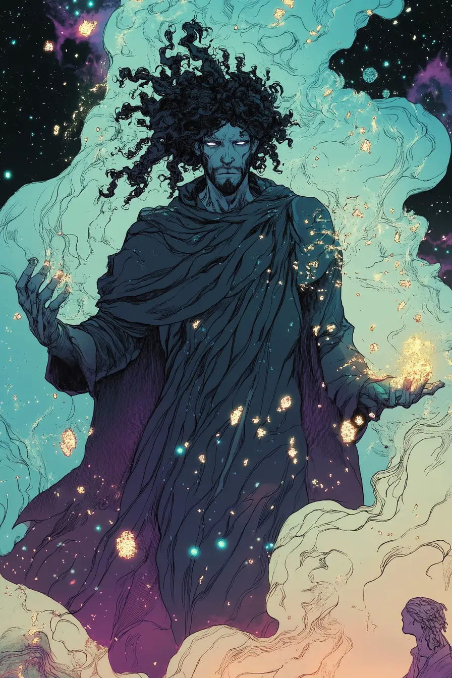 Tall cloaked figure in a cosmic comic book scene