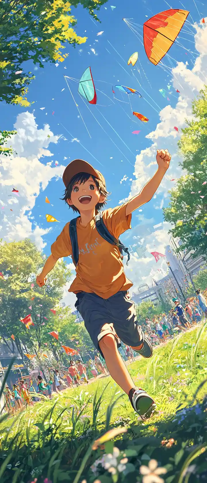 Anime boy running in a busy city park with kites