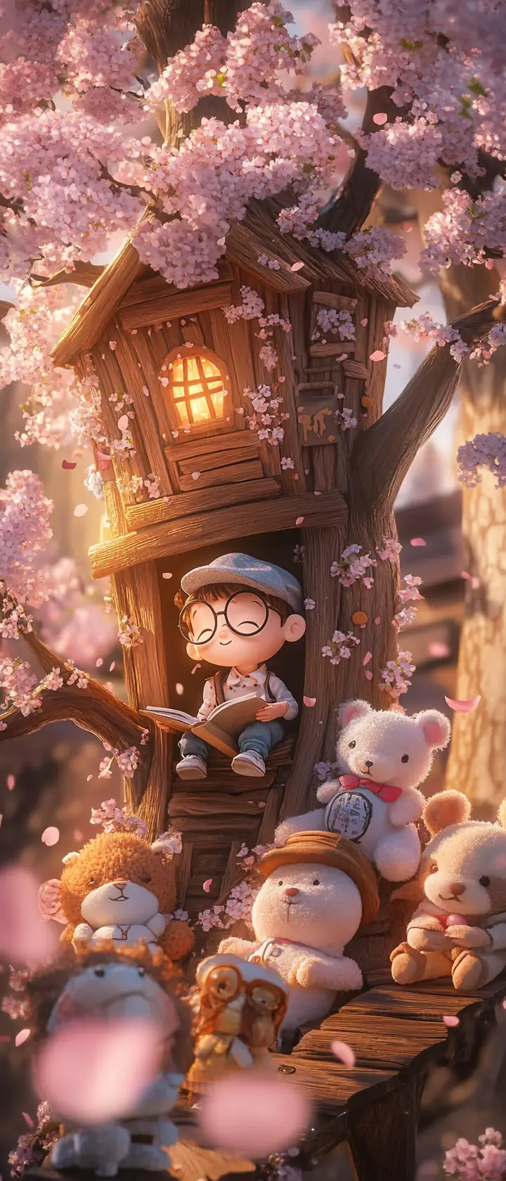 Anime boy reading in a whimsical cherry blossom treehouse