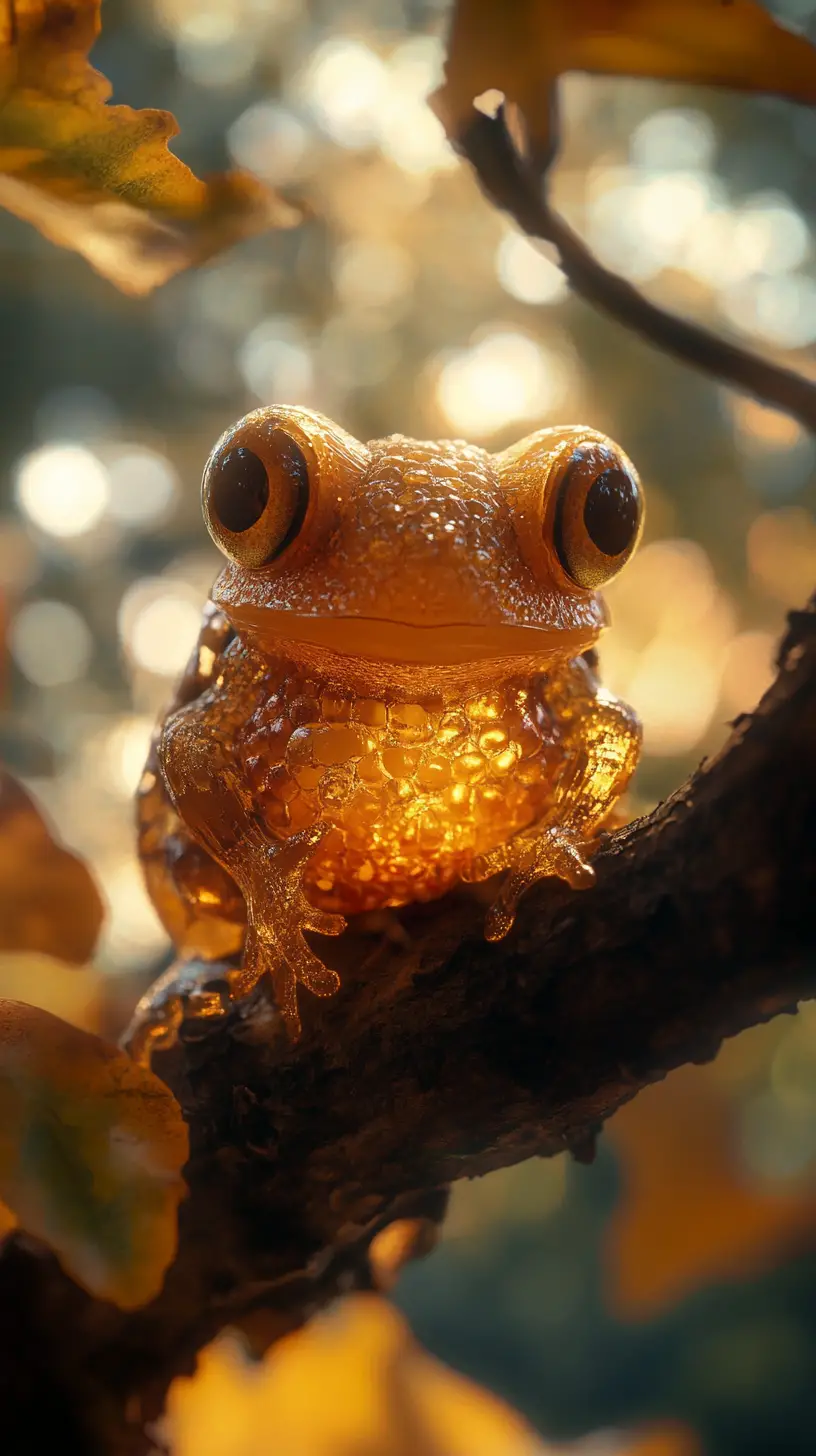Gland ambré anthropomorphe et heureux sur une branche d’arbre