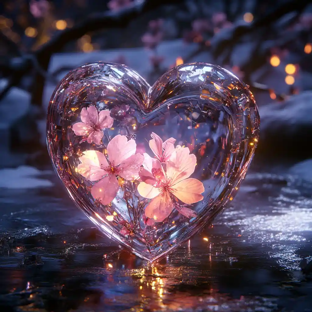 Crystal heart diorama with sakura and fireflies