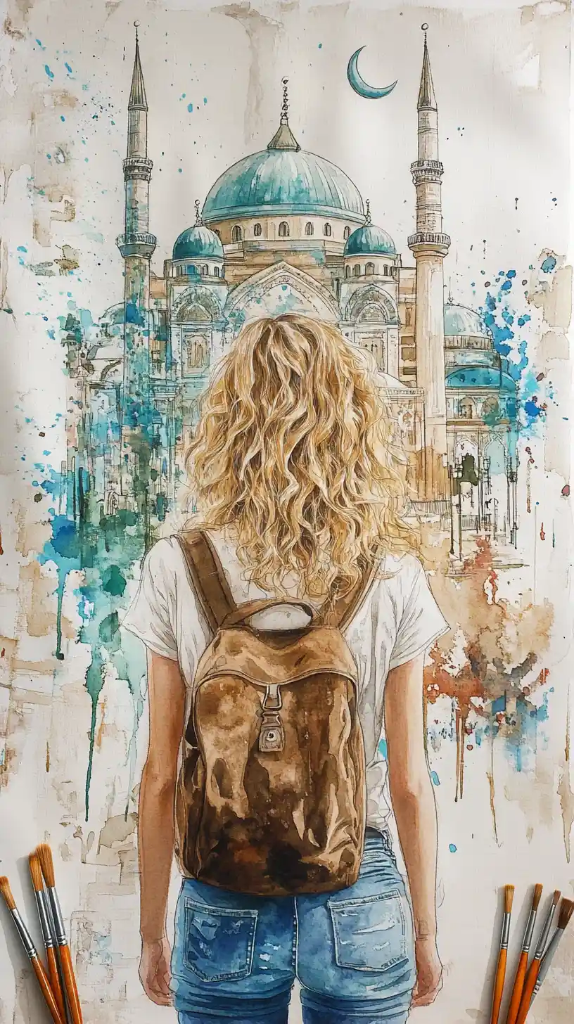 Watercolor woman with backpack blending into colorful city