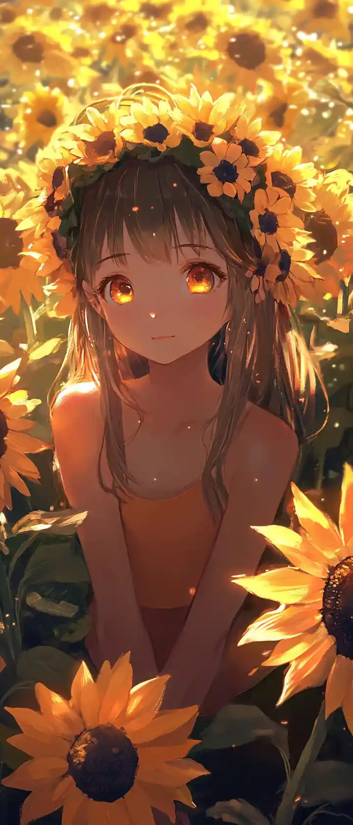 Anime girl on giant sunflower in glowing golden light