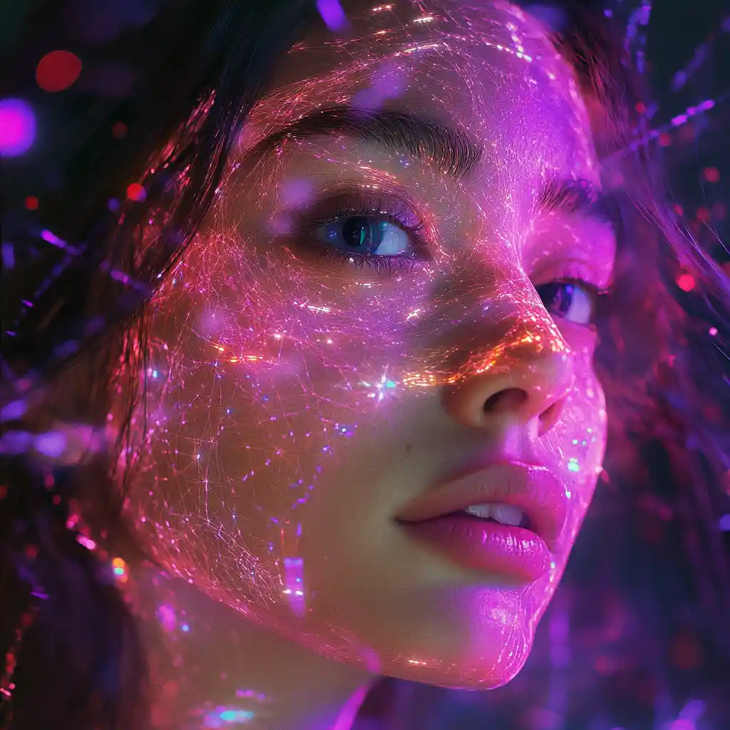 Holographic eyed oracle woman in cosmic fractal sanctuary