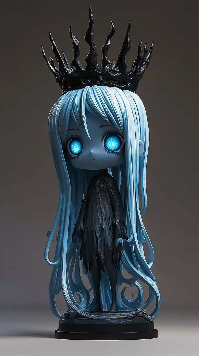 Mystical anime prince figurine with glowing neon blue eyes