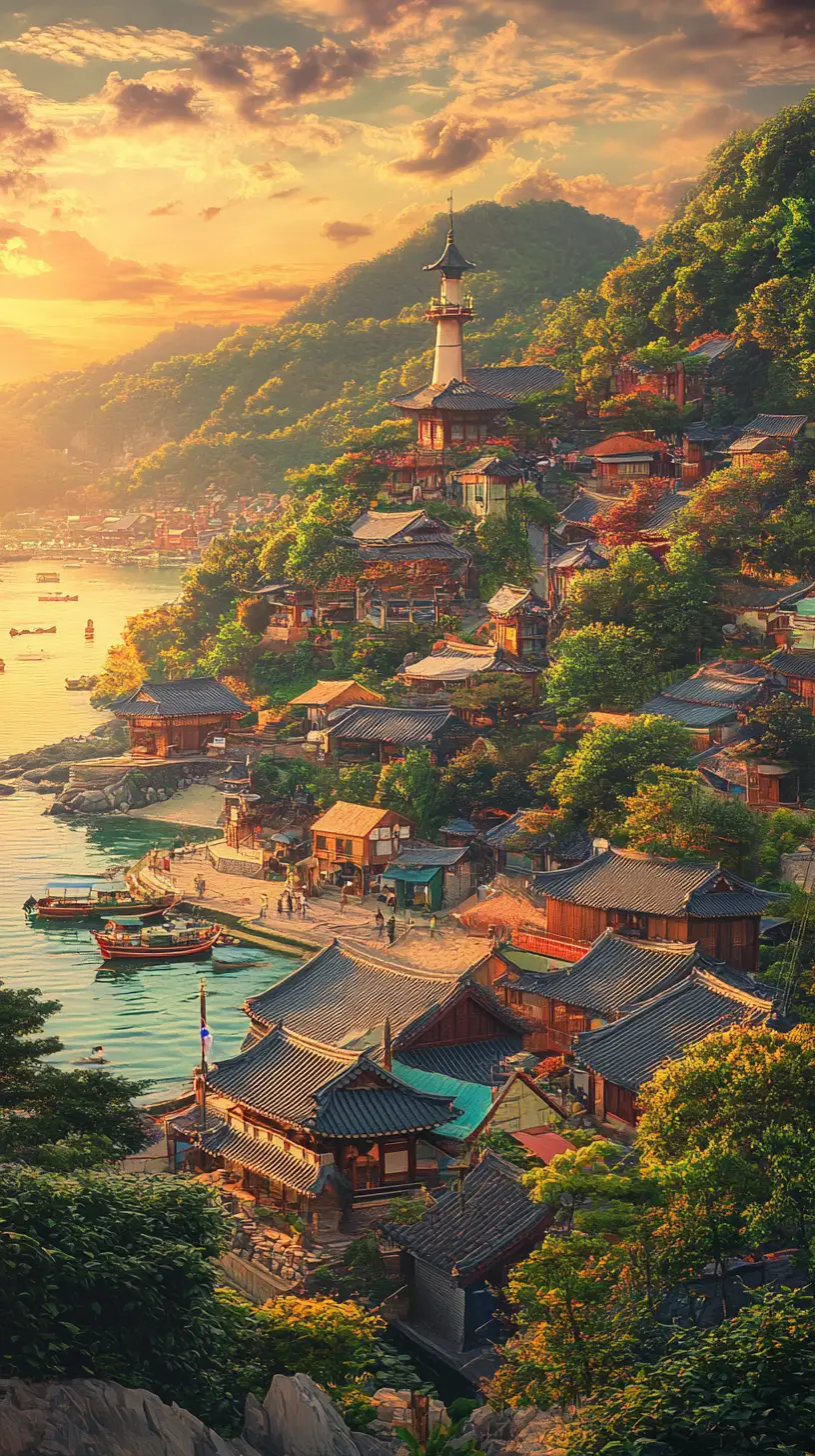 Korean coastal village with terracotta roofs and harbor boats