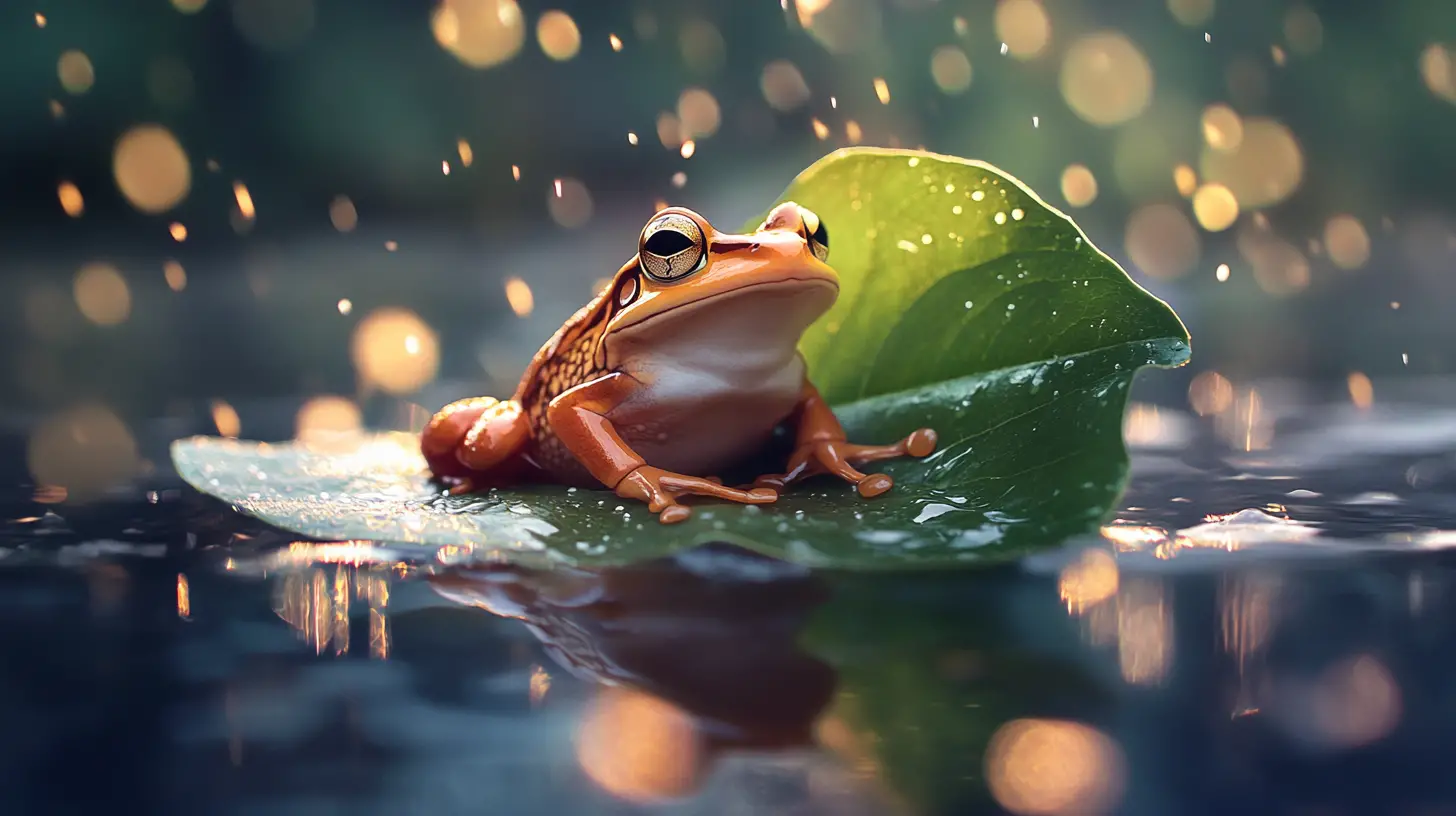 Charming Frog Sheltering Under A Leaf In The Rain