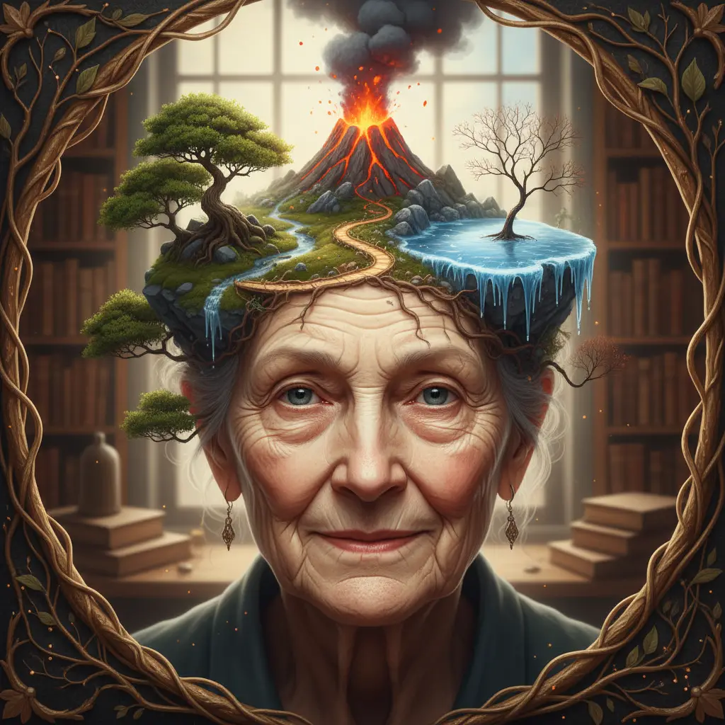 Symbolic portrait of a wise person with living landscapes