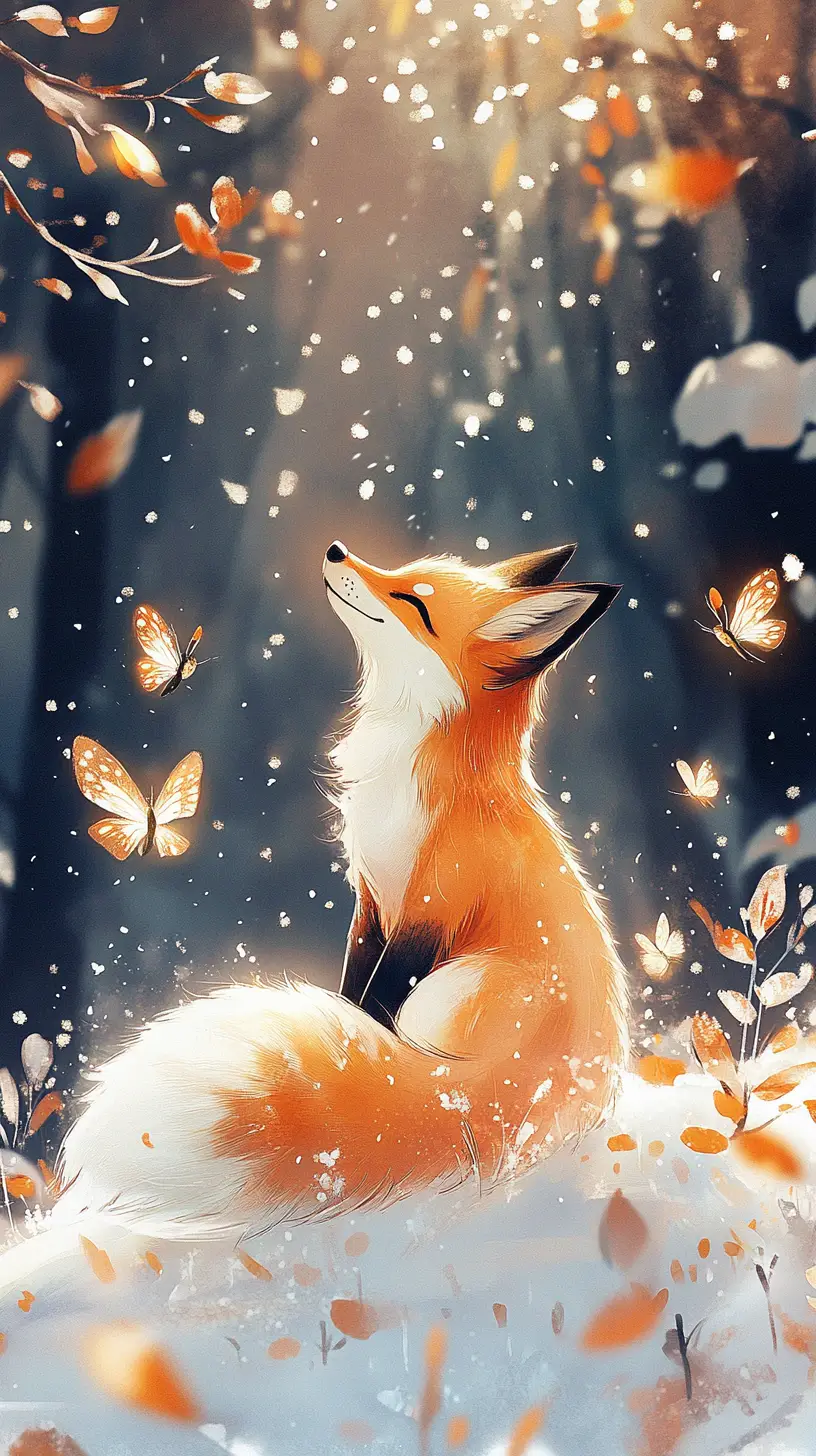 Joyful glowing fox dancing on a snowy hill
