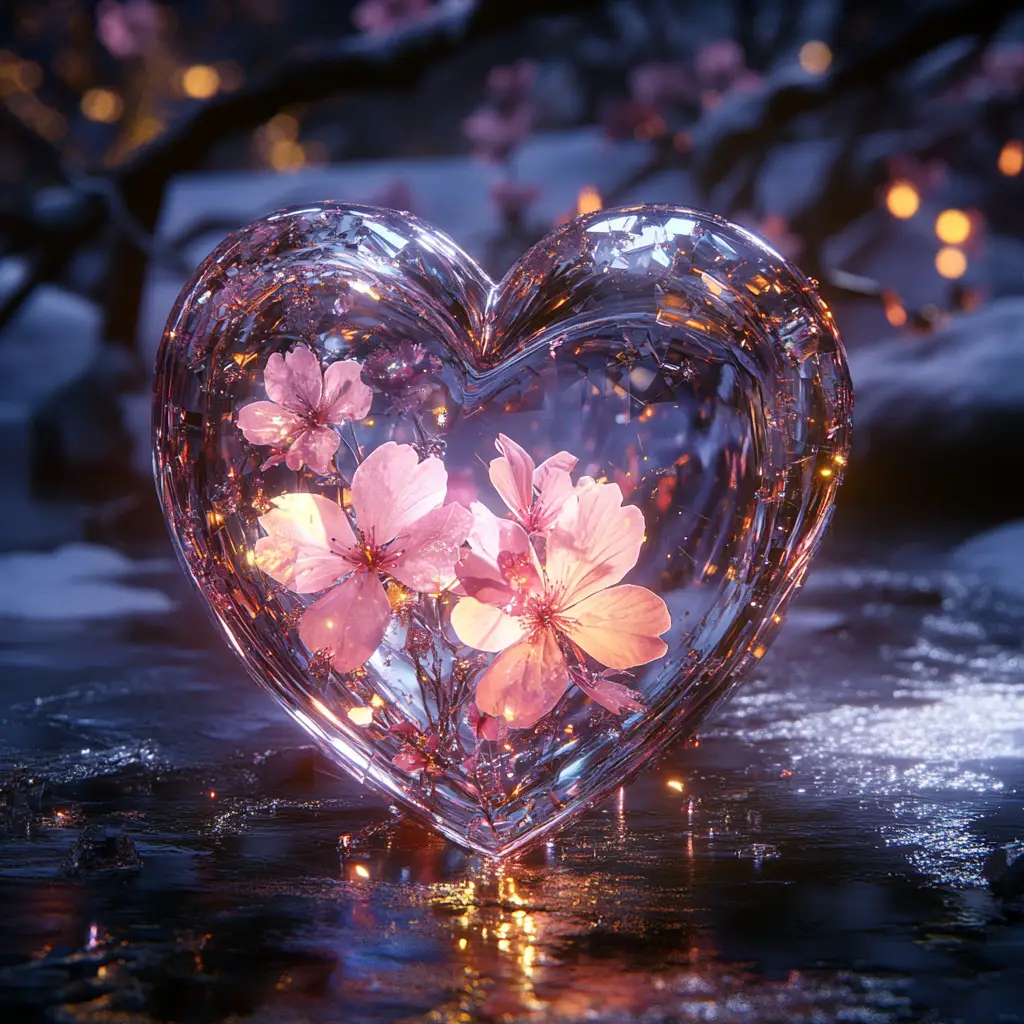 Crystal heart diorama with sakura and fireflies