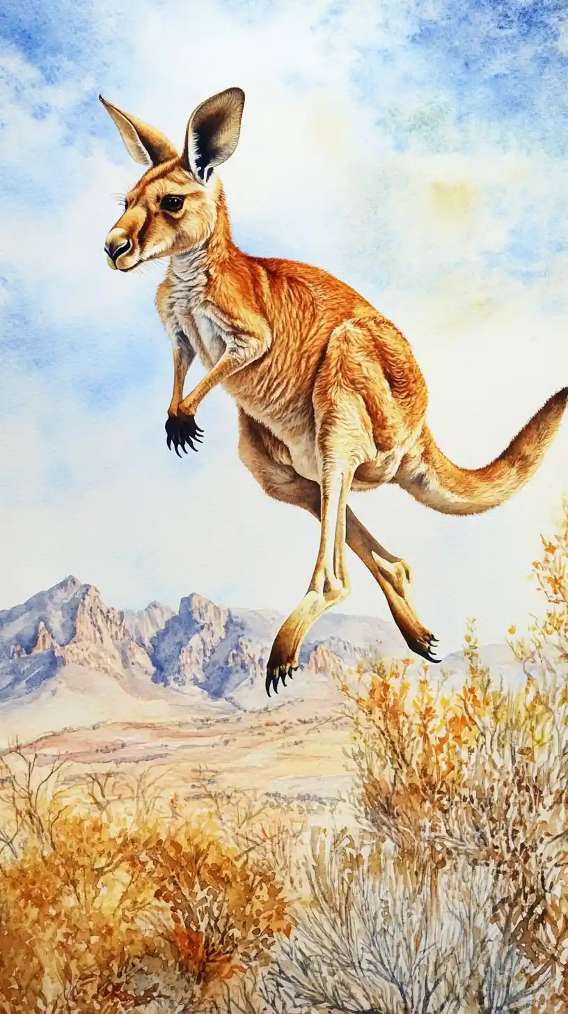 Kangaroo Leaping Across Australian Desert In Watercolor Art
