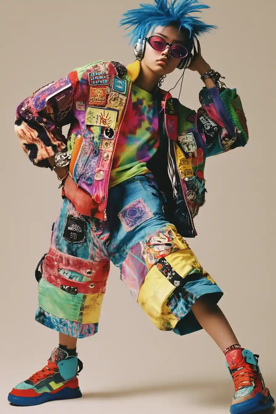 Colorful fashion portrait of a young woman in eclectic outfit
