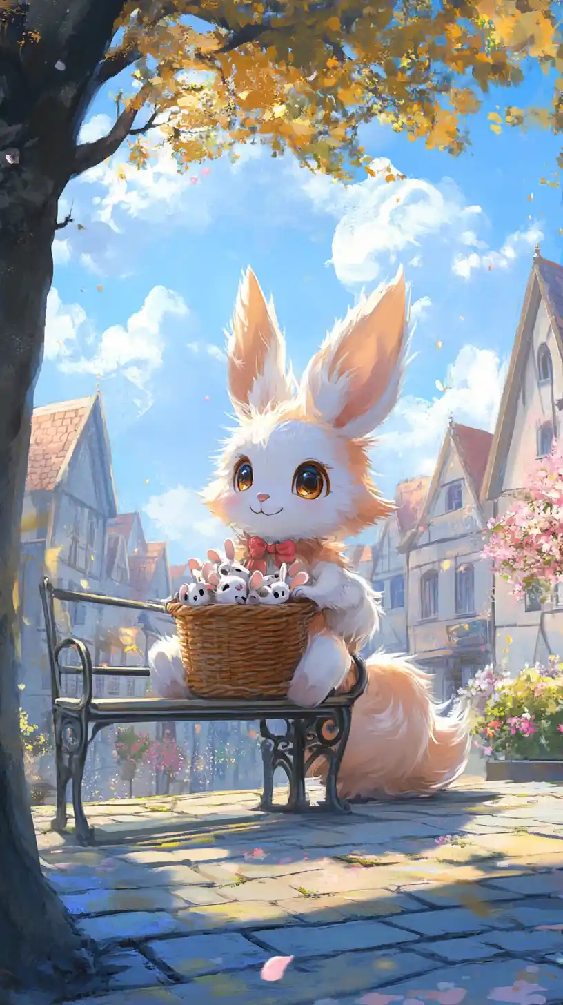 Cute fantasy animal on bench in sunny village square