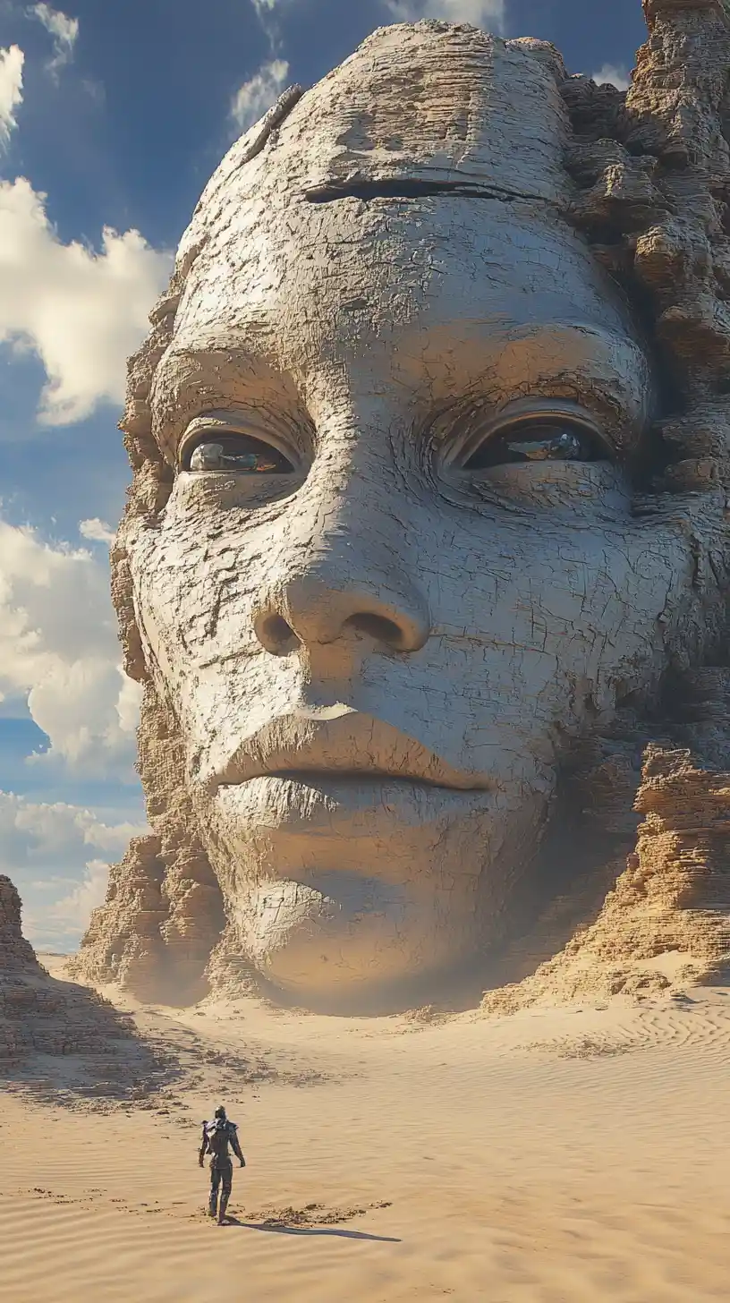 Surreal humanoid face rising in a vast fantasy desert