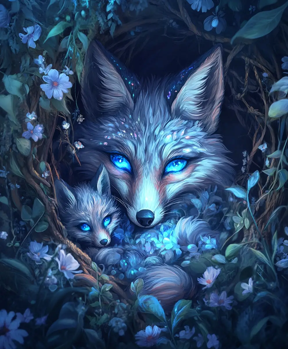 Magical mother fox cuddling her babies in a cozy den