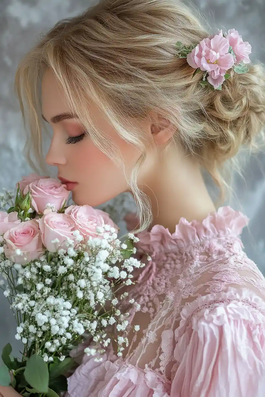 Romantic portrait of woman with pink rose bouquet