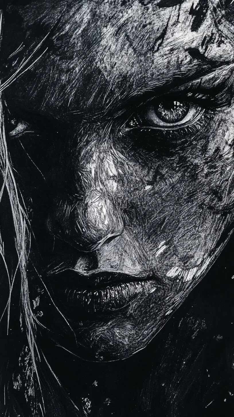 Extreme close up ink portrait of female viking warrior