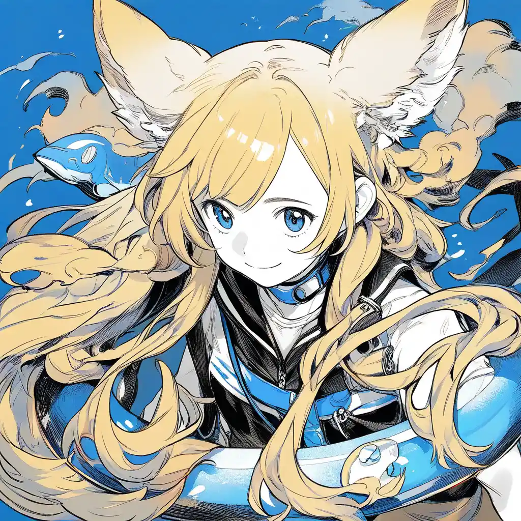 Smiling anime girl with fluffy animal ears and blue eyes