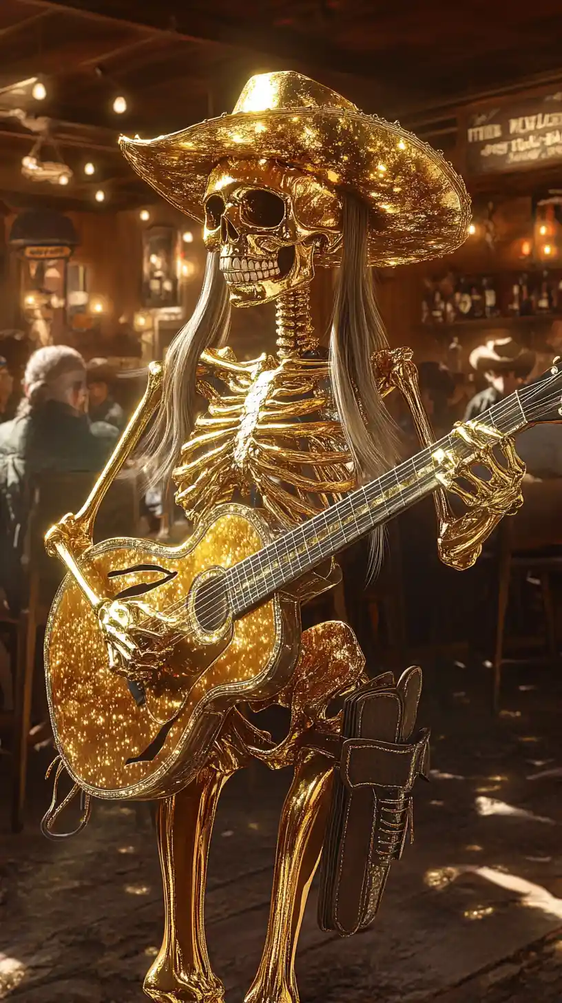 Cowgirl squelette dorée jouant de la guitare dans un vieux saloon