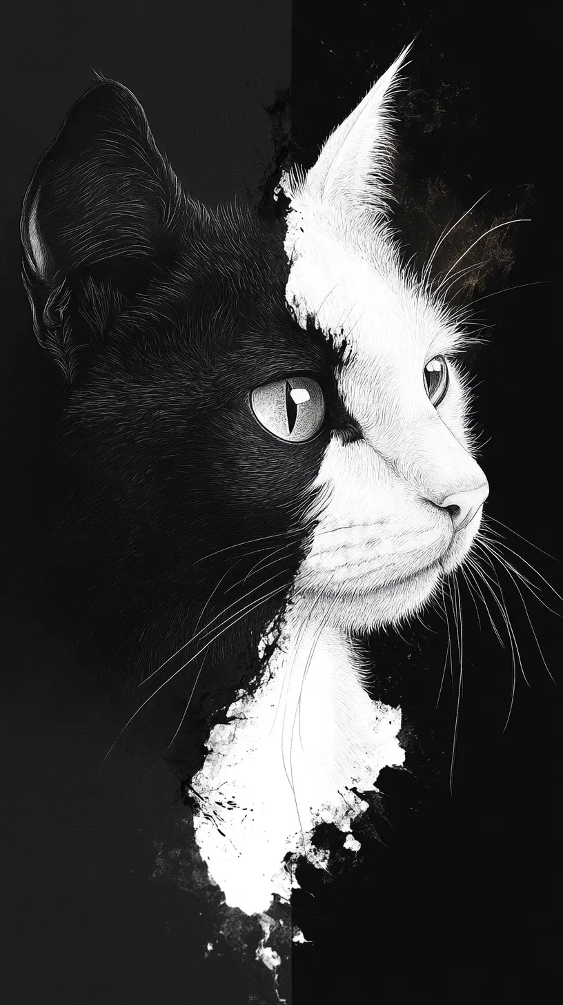 Mystical split cat face in black and white ink art