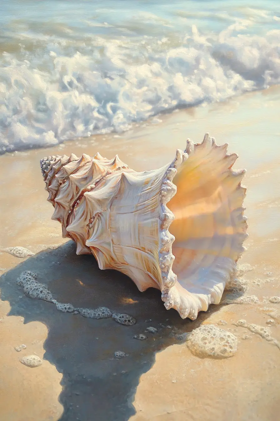 Close up oil painting of a seashell on beach