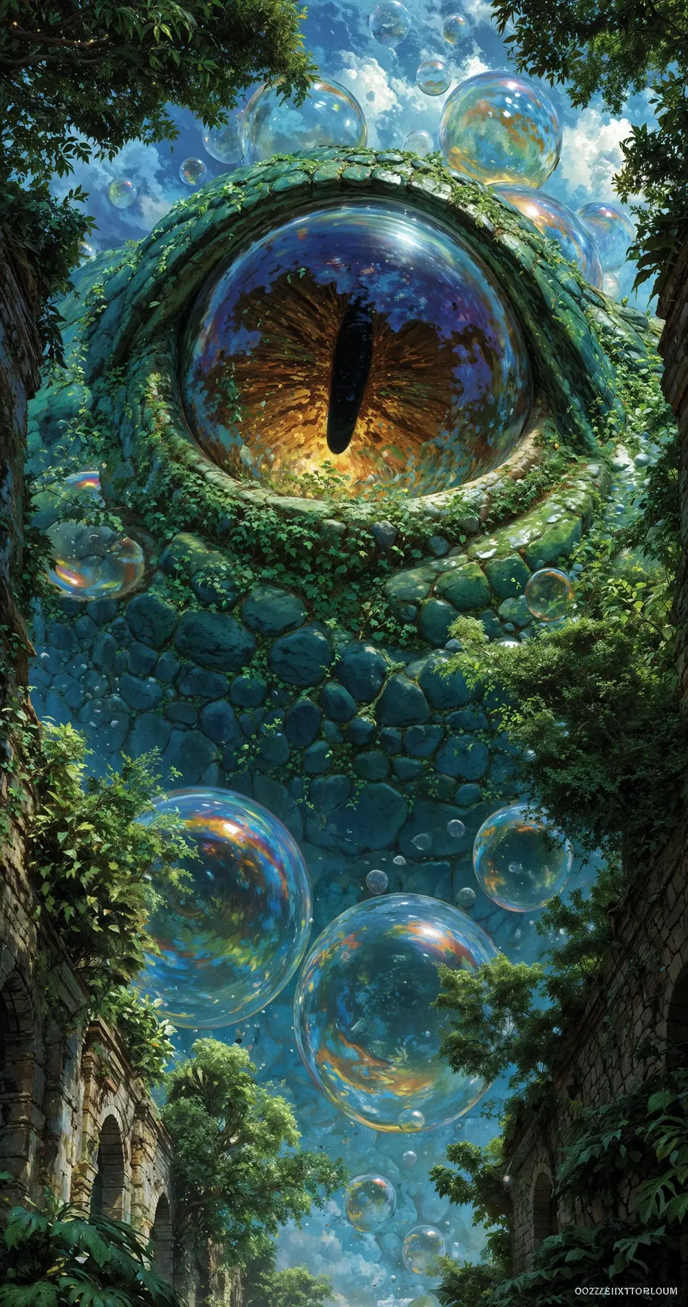 Colossal glowing reptilian eye above ruins and bubbles