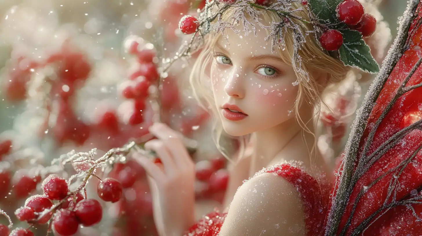 Fairy Girl On Branch Among Frosted Red Berries