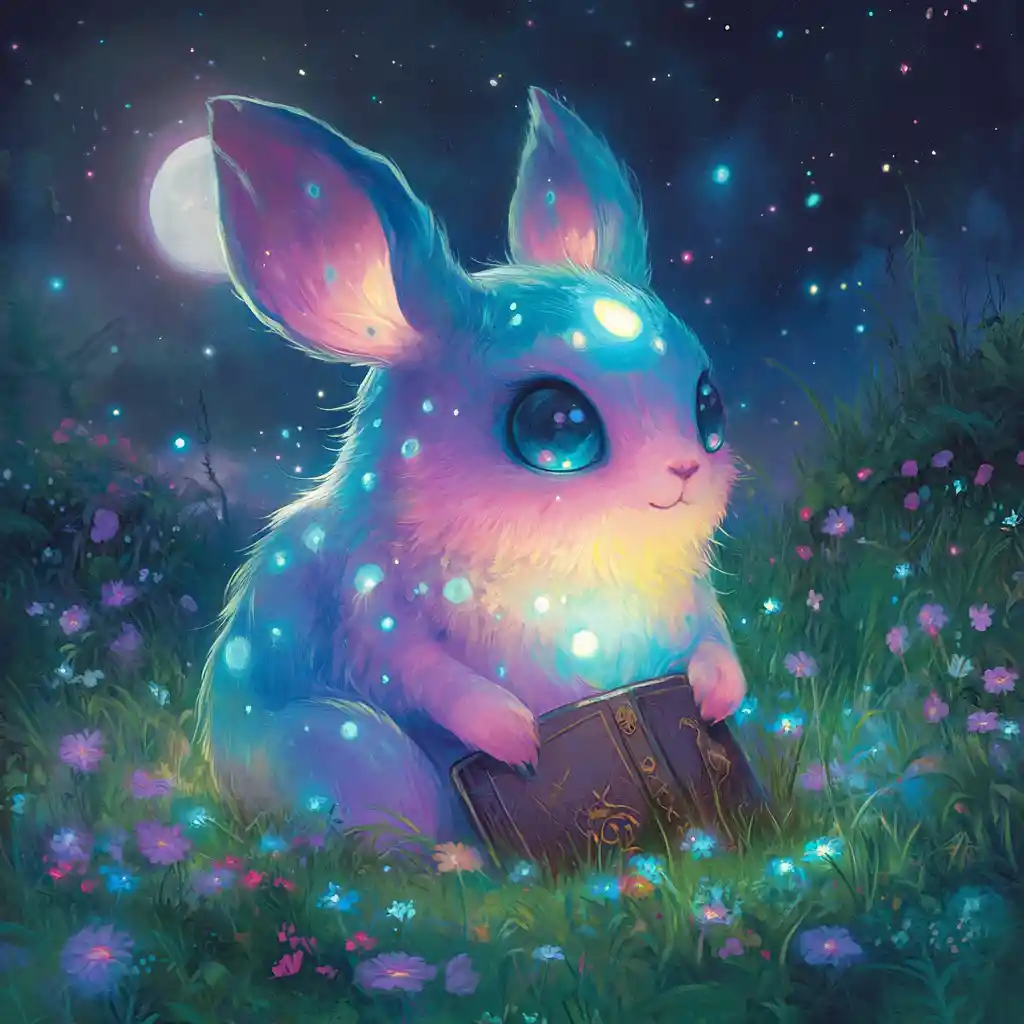 Mystical Rainbow Creature Reading In A Moonlit Meadow
