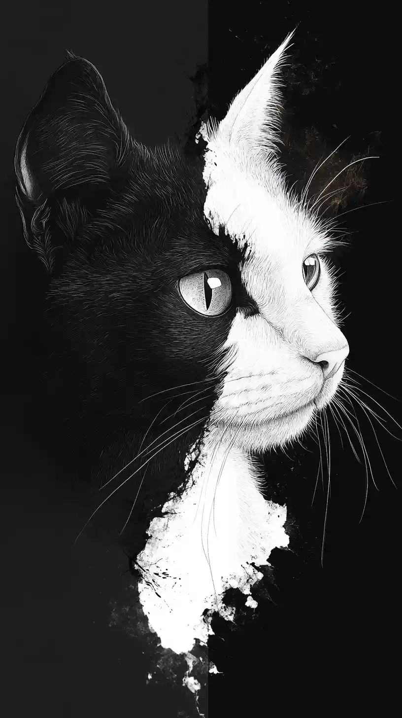 Mystical split cat face in black and white ink art