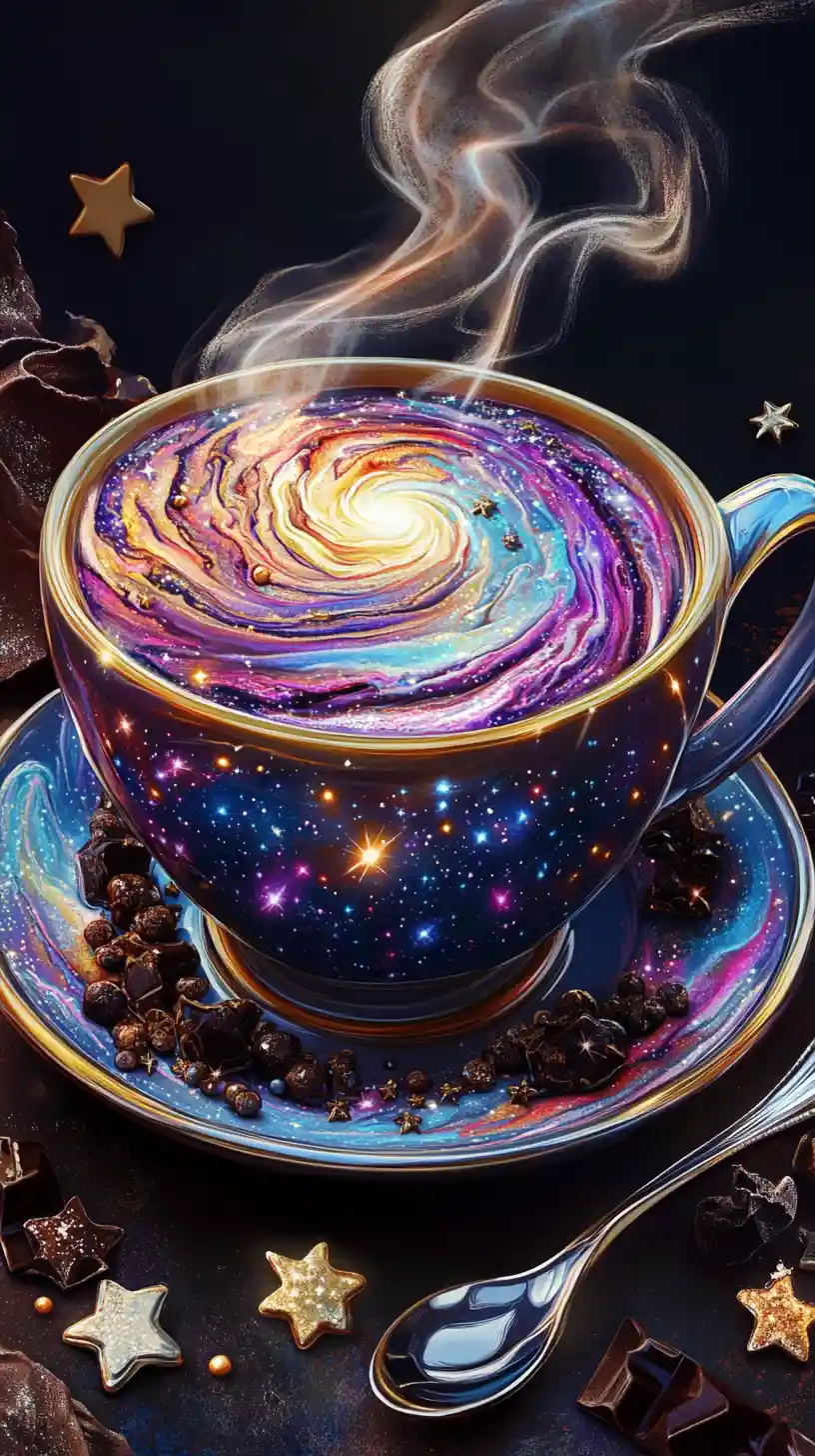 Top down cosmic latte in a glowing ceramic teacup