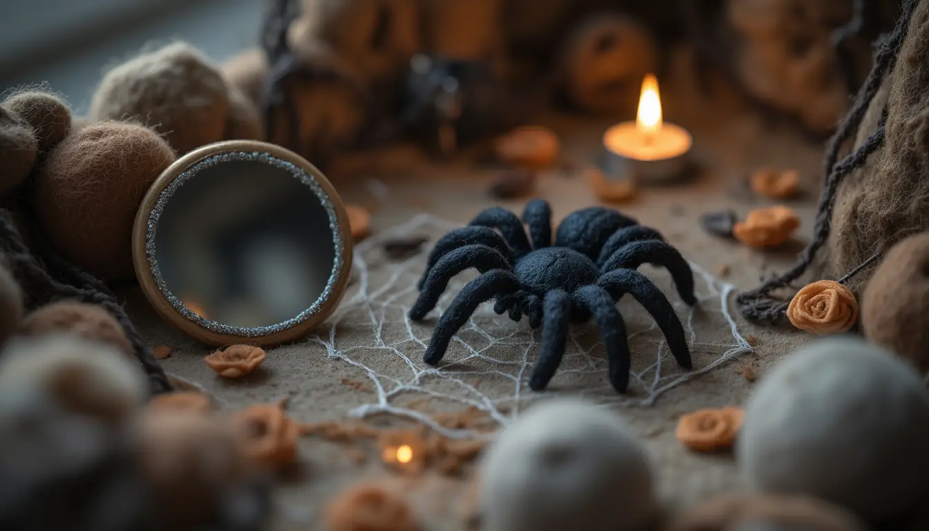 Felt spider and mirror in a magical wool diorama