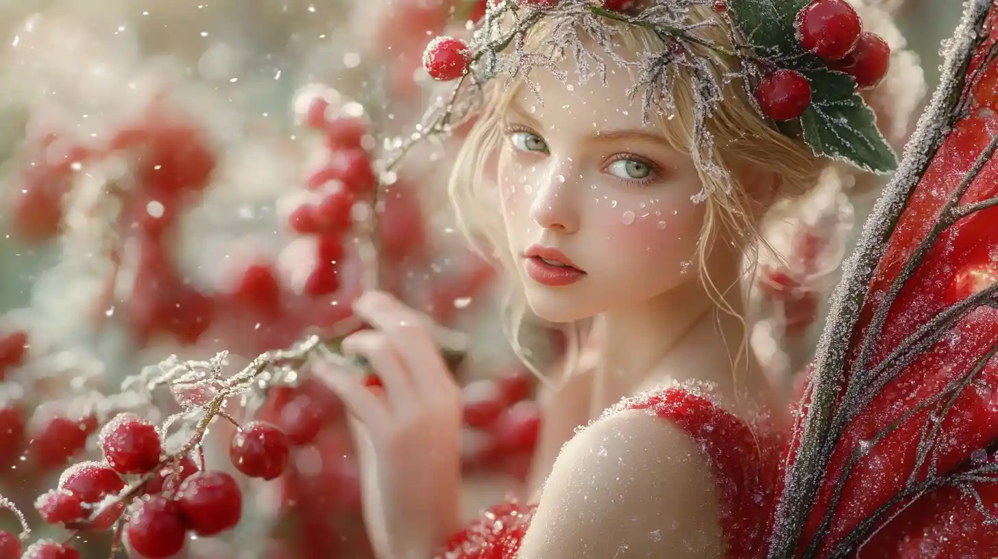 Fairy Girl On Branch Among Frosted Red Berries