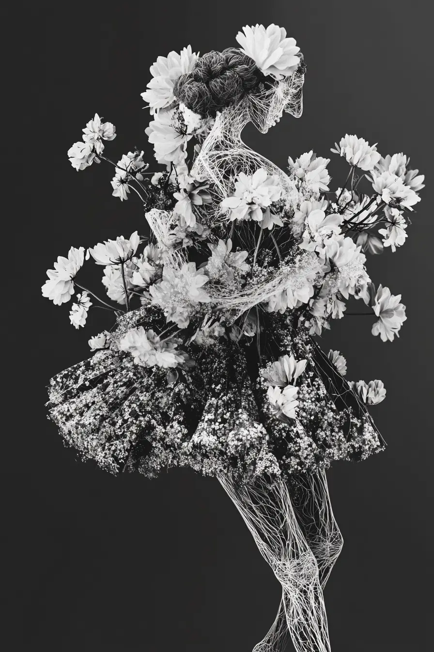 Surreal 3D woman entwined with blooming floral branches