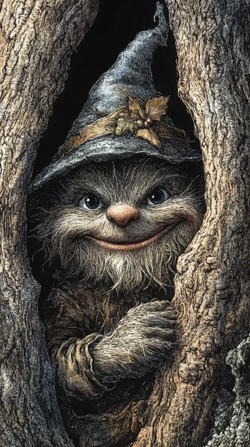 Smiling gnome peeking from tree in vintage fantasy illustration
