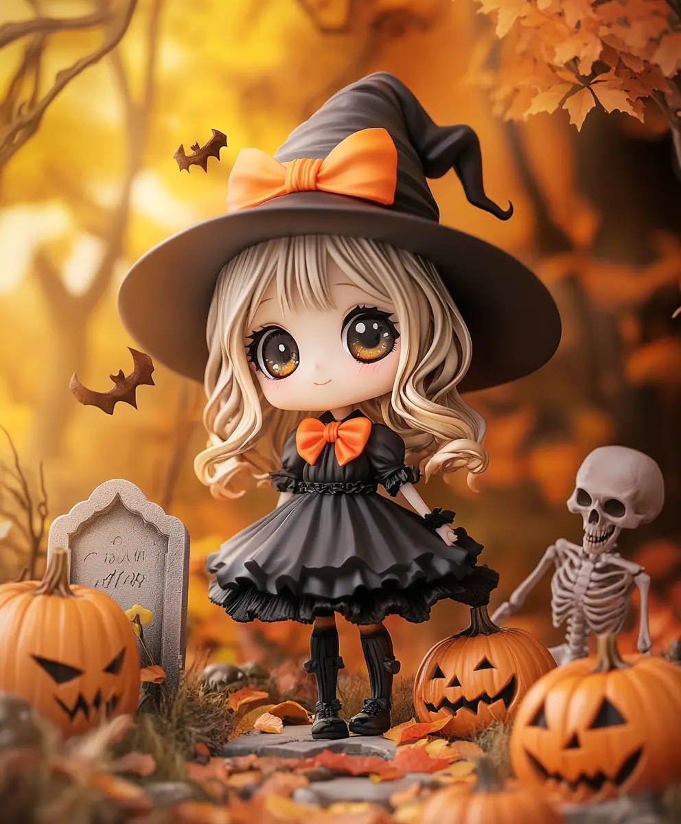 Chibi witch figurine in a playful Halloween display