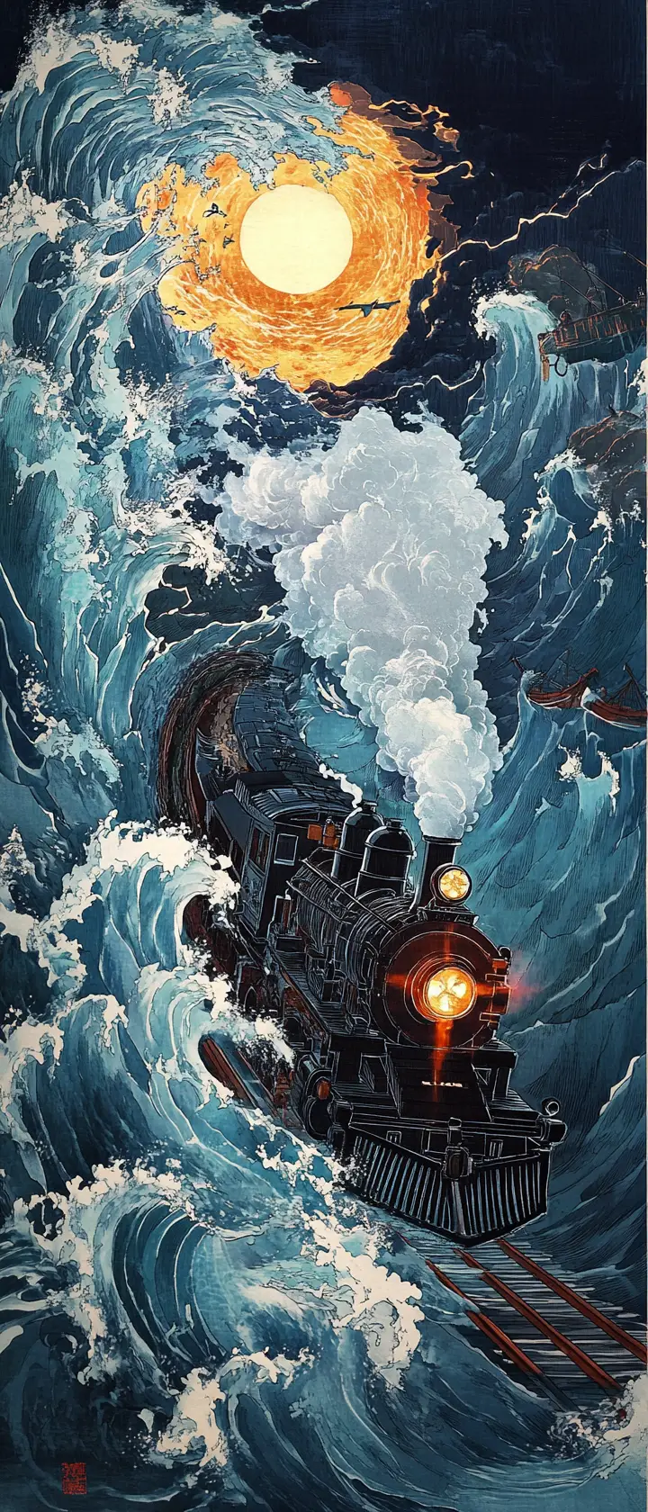 Steampunk dragon train racing through a stormy ocean tunnel