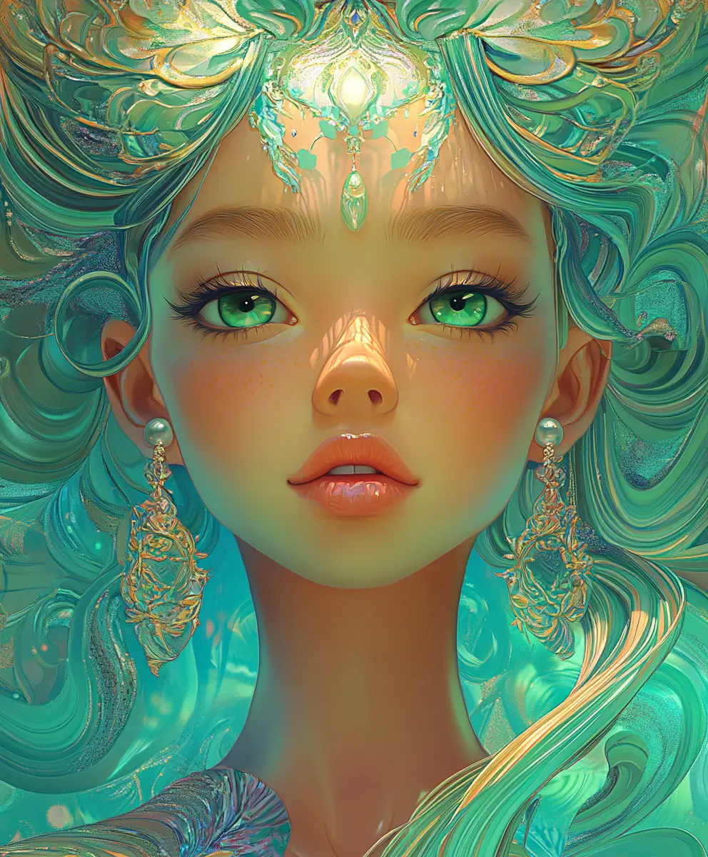 Anime girl portrait with mint hair and green eyes