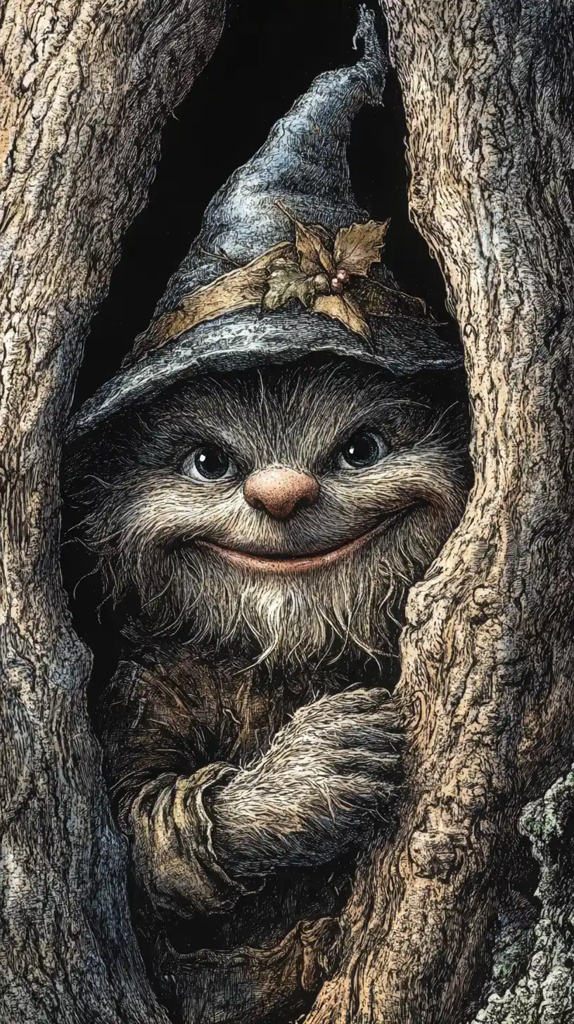 Smiling gnome peeking from tree in vintage fantasy illustration