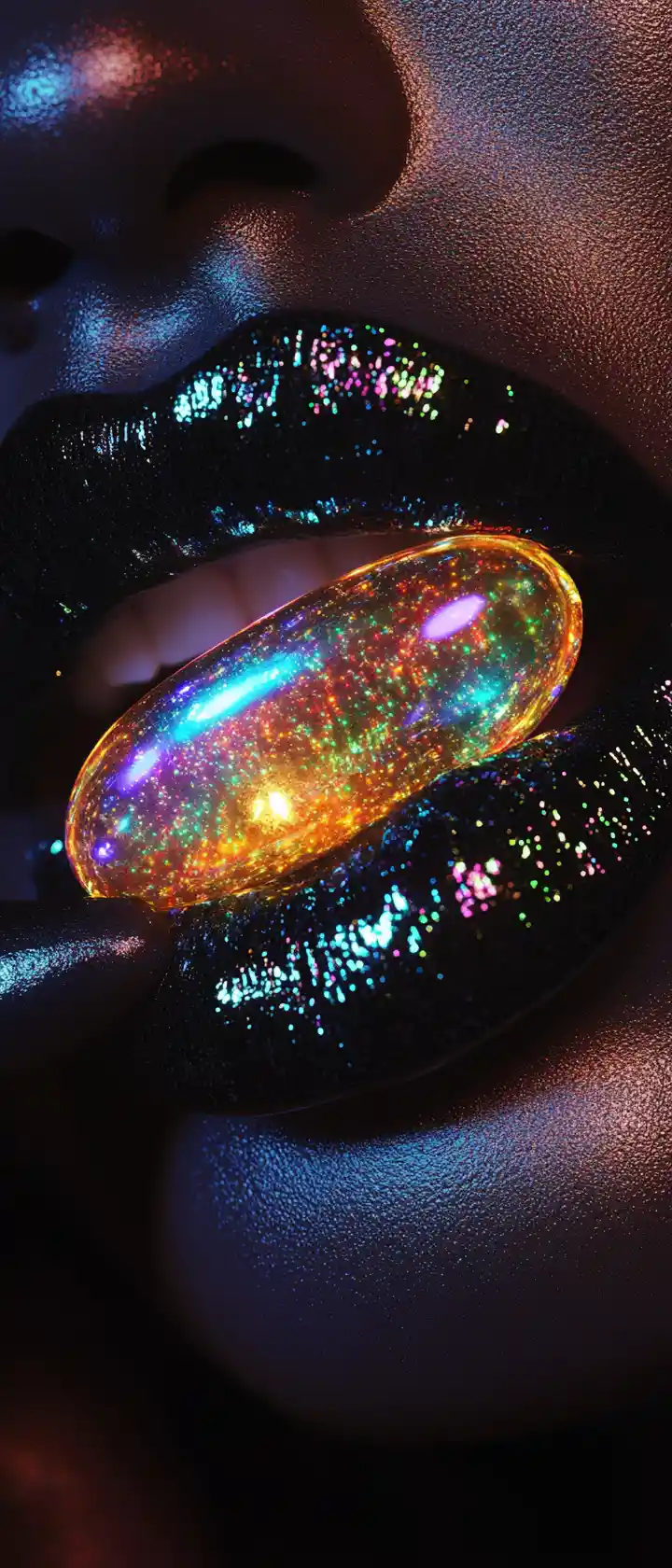 Close up of black glossy lips holding a glowing pill