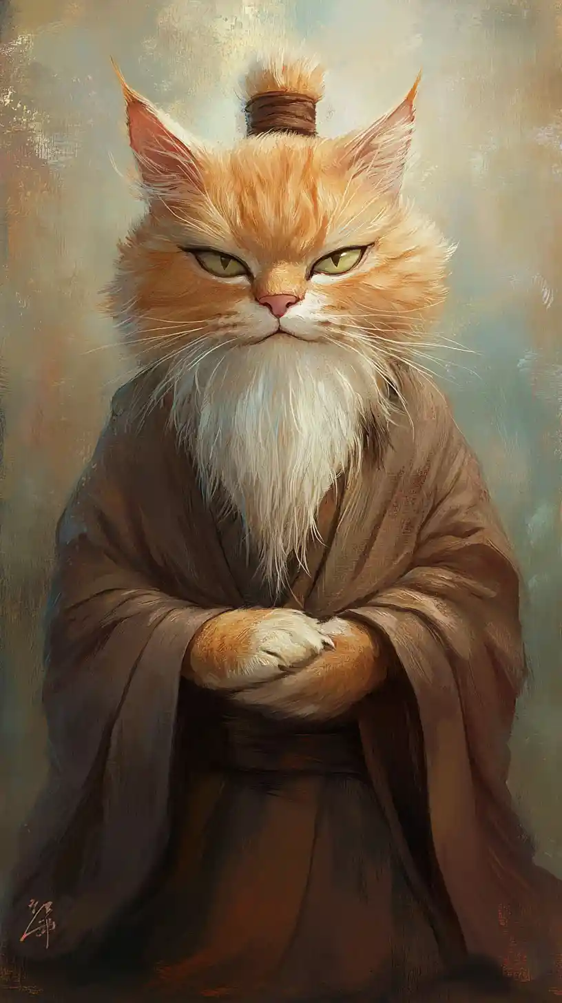 Wise orange cartoon cat meditating in soft pastel colors