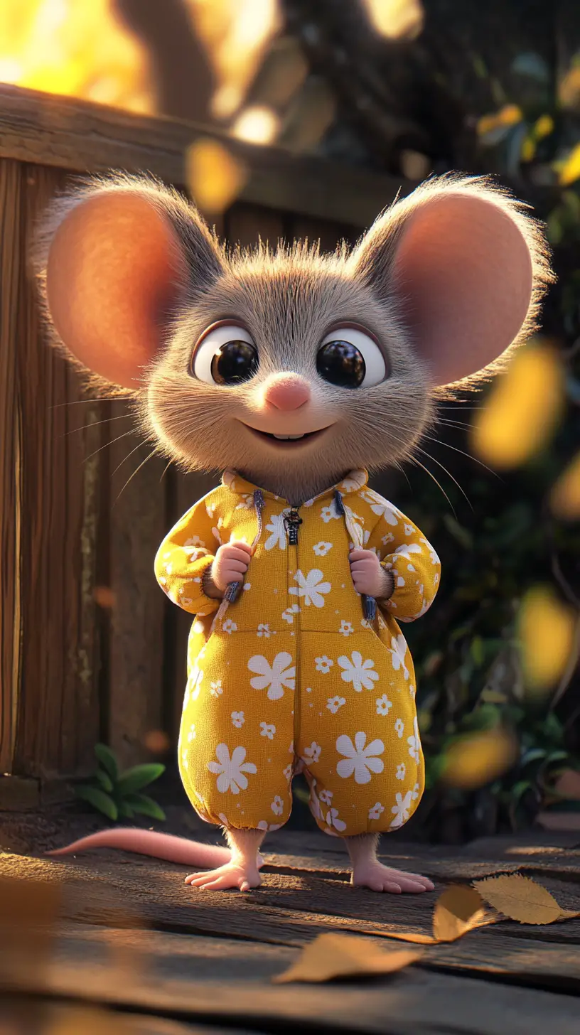 Cheerful cartoon mouse by a wooden fence in spring