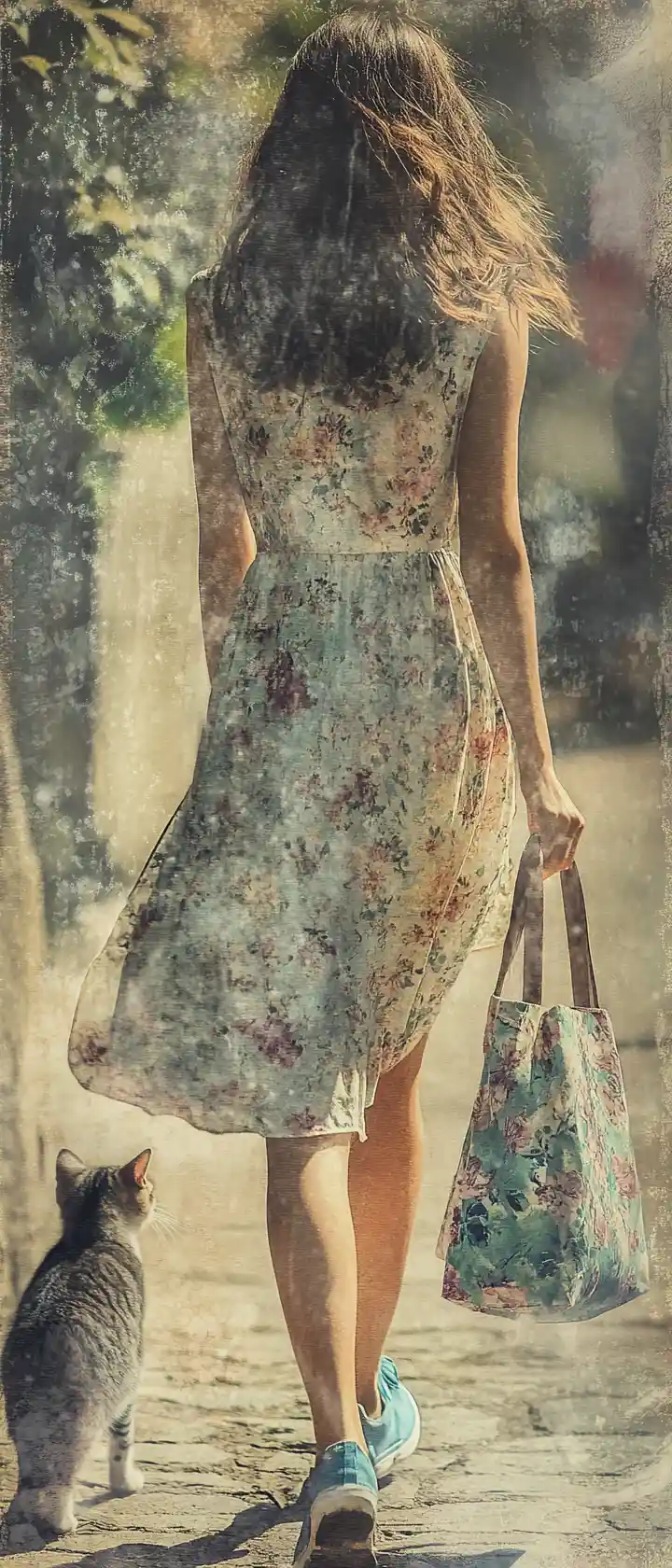 Young woman walking with cat on a dreamy city street